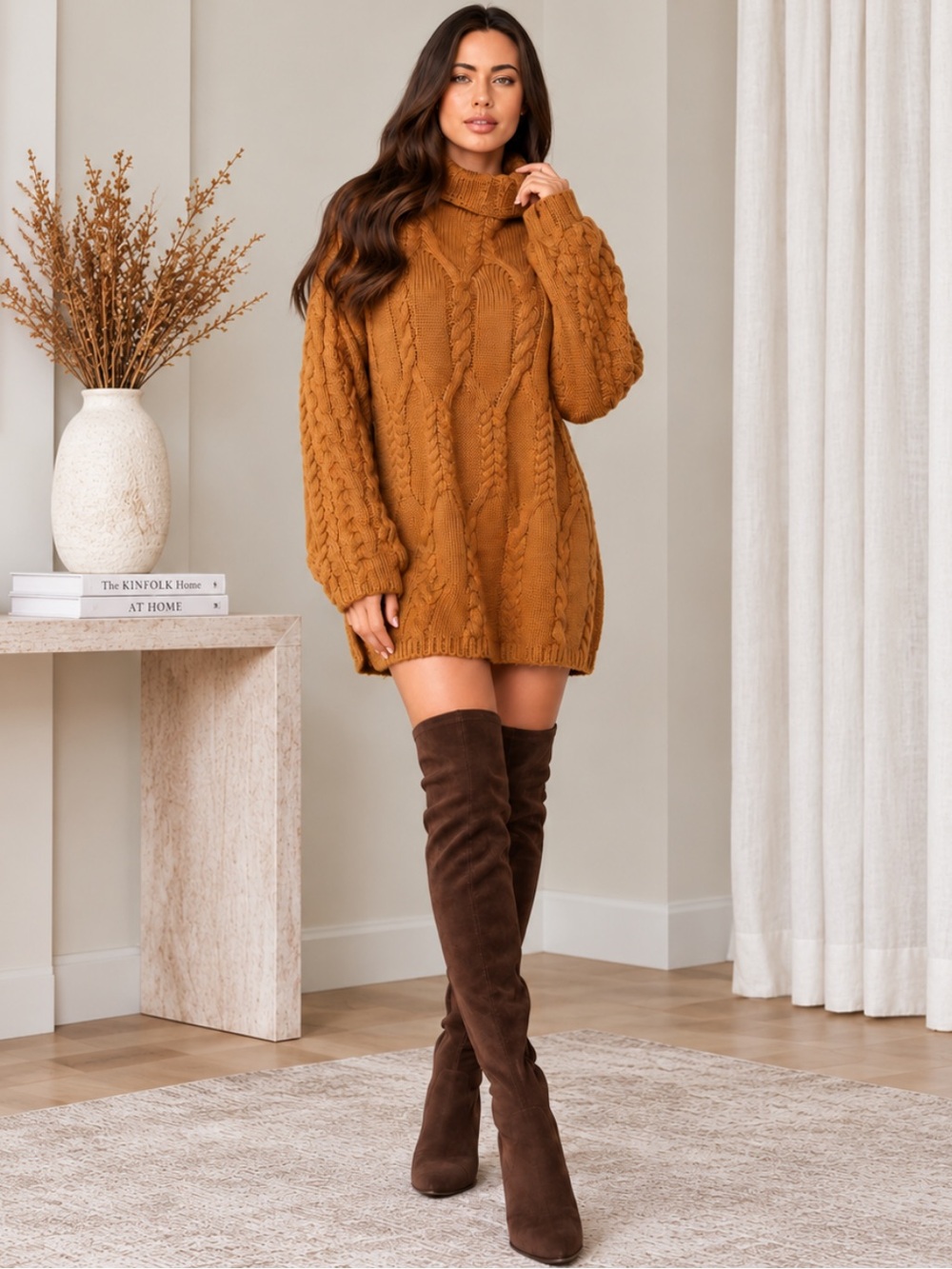 New Cloud Ten Camel Cable Knit Oversized Turtleneck Sweater NWT